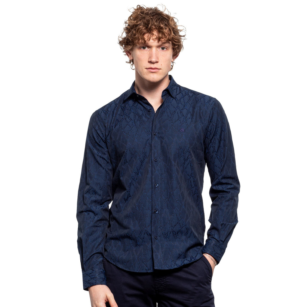 Aorta Blue Jacquard Button Down Shirt Long Sleeve Button Down Eight-X   