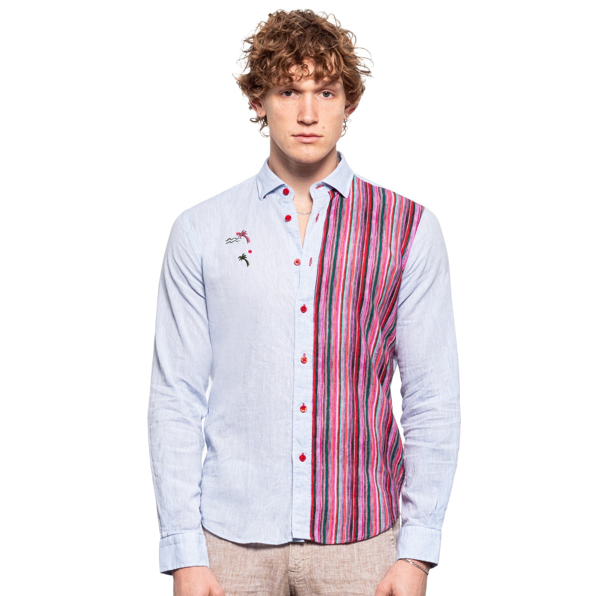 Sunset Stripe Embroidered Linen Shirt Button Down Shirts Eight-X BLUE S