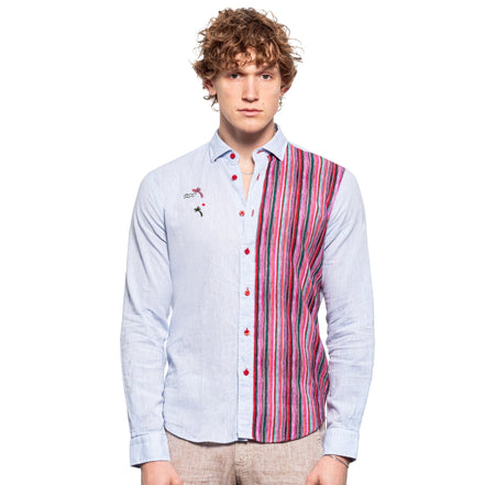 Sunset Stripe Embroidered Linen Shirt Button Down Shirts Eight-X BLUE S