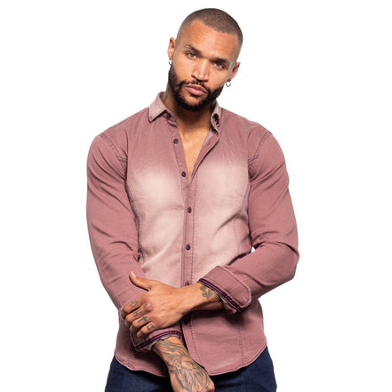 Denim Stretch Button Down Shirt - Brick Red Button Down Shirts Eight-X RED S