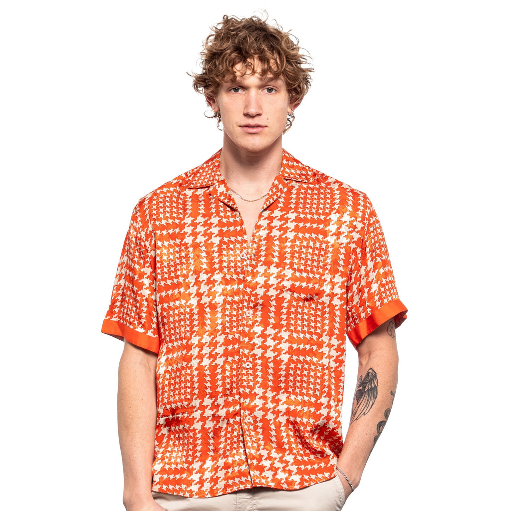 orange houndstooth pattern short sleeve button down shirt