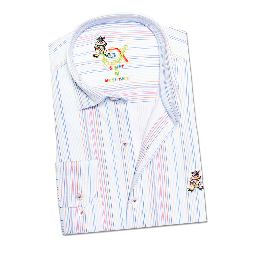 thin striped multi colored long sleeve button up shirt