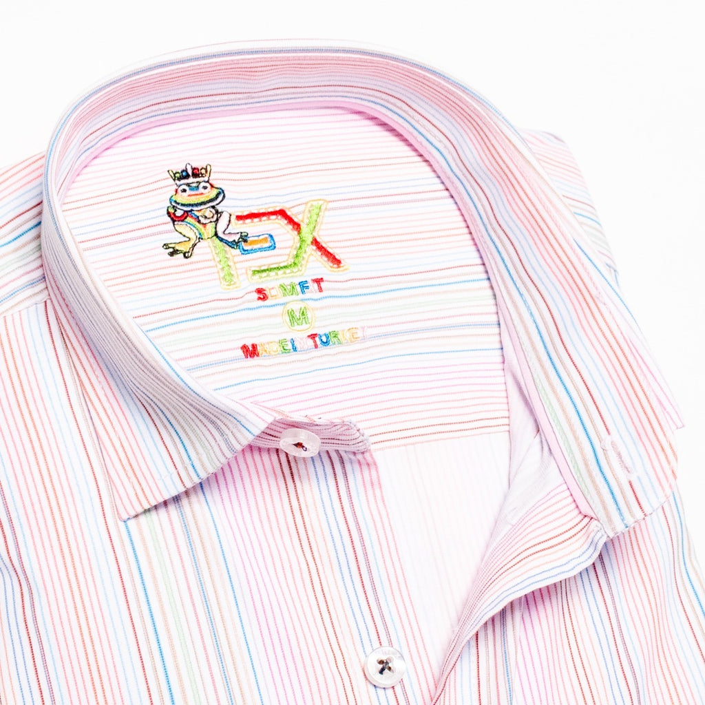 thin striped multi colored long sleeve button up shirt