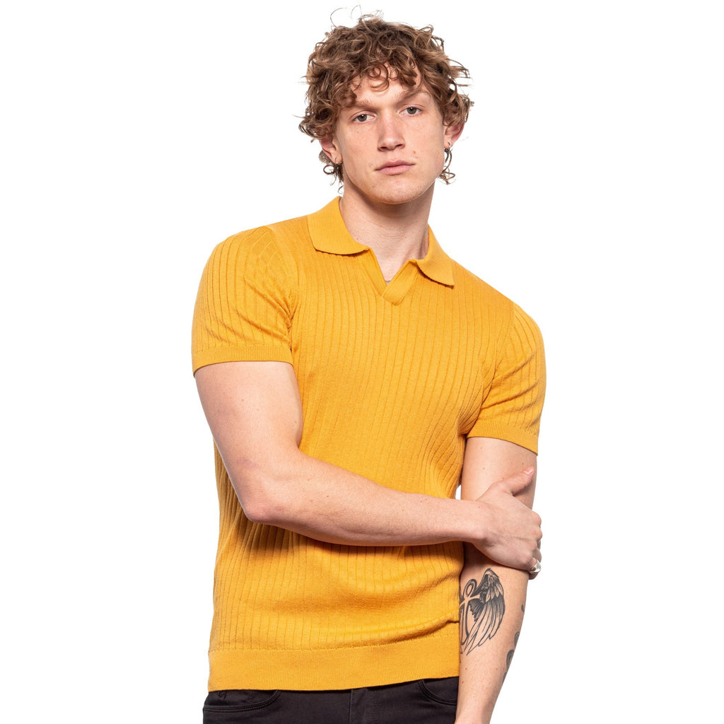 mustard yellow knit open collar polo with ribbed stitching