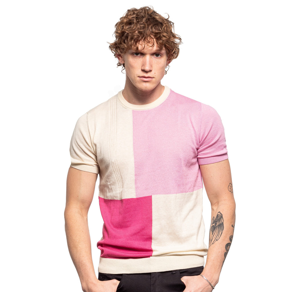 multi panel pink, fuchsia, and creme knit t-shirt