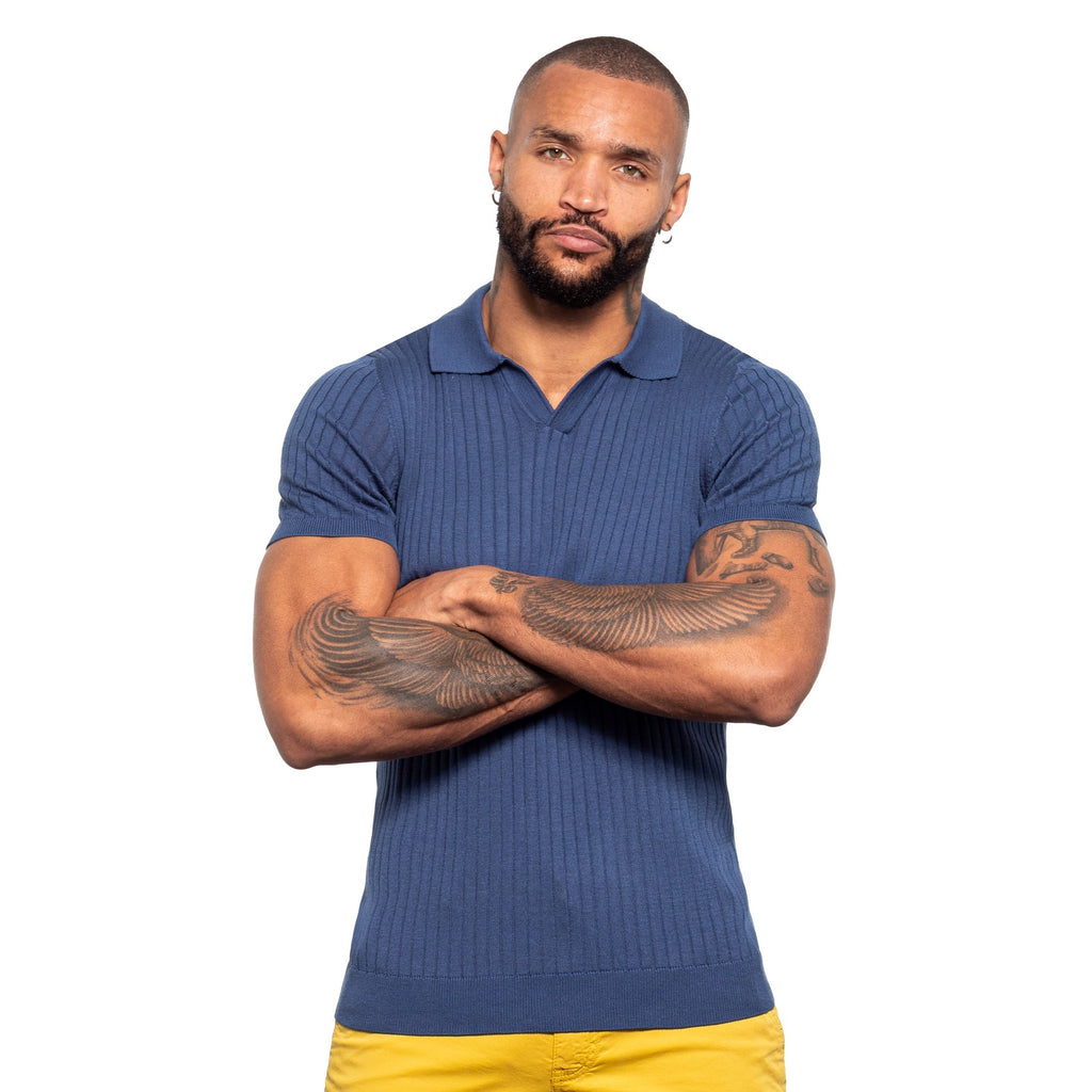 Ribbed Knit Polo - Blue  Eight-X   