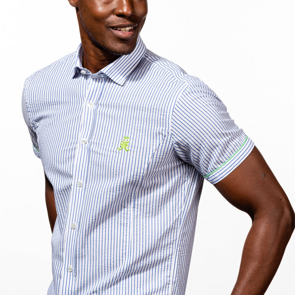 Close-up of model in short sleeve, blue-striped seersucker button up with green, embroidered frog on chest.