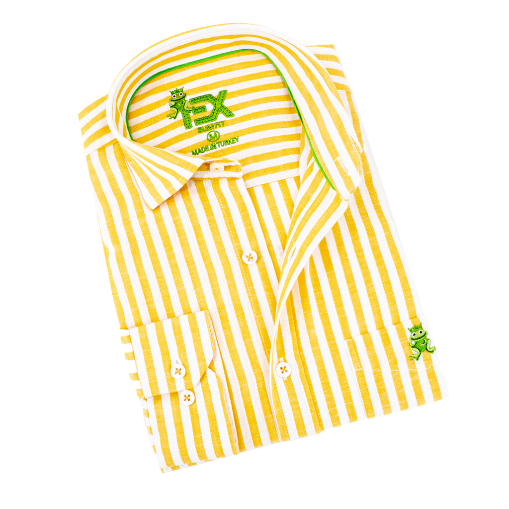 Stanford Stripe FROG Linen Shirt - Yellow Long Sleeve Button Down EightX   