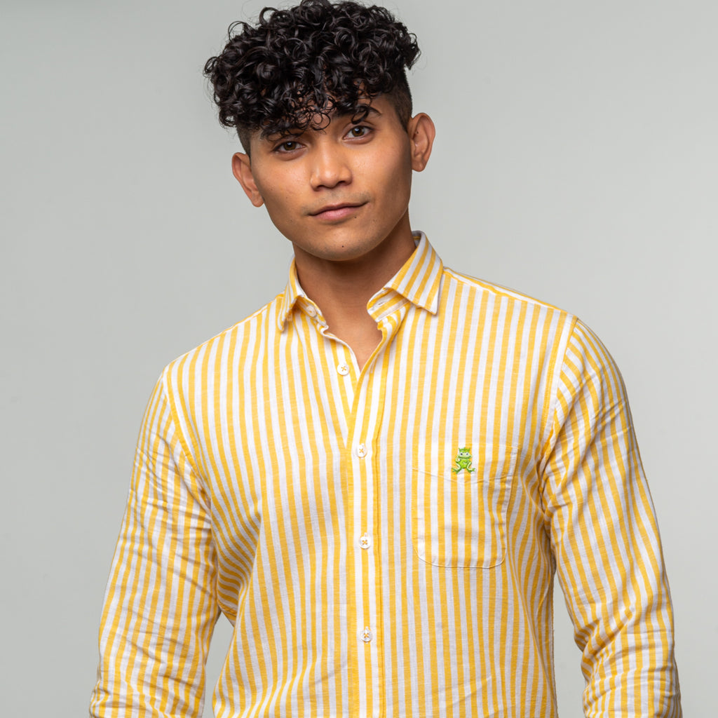 Stanford Stripe FROG Linen Shirt - Yellow Long Sleeve Button Down EightX   