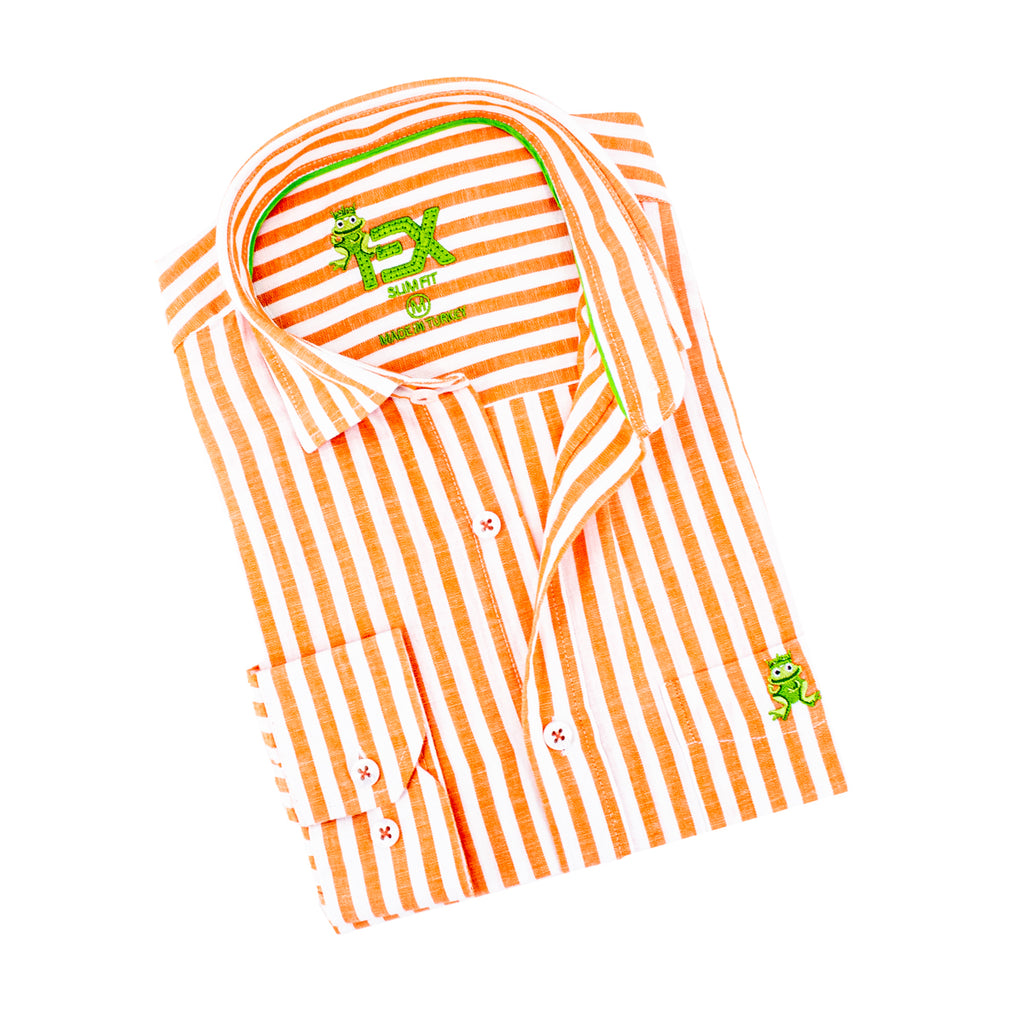 Stanford Stripe FROG Linen Shirt - Orange Long Sleeve Button Down EightX   