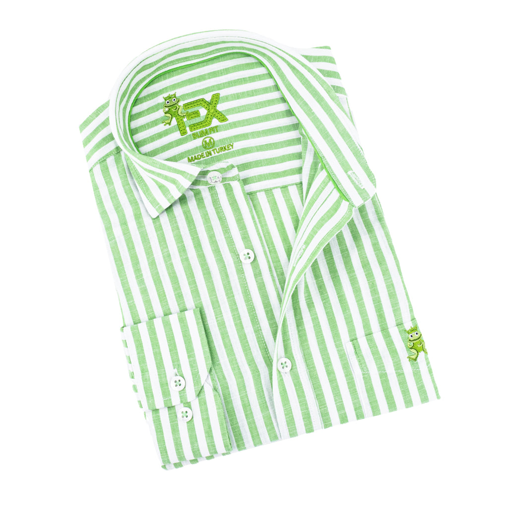 Stanford Stripe FROG Linen Shirt - Green Long Sleeve Button Down EightX   