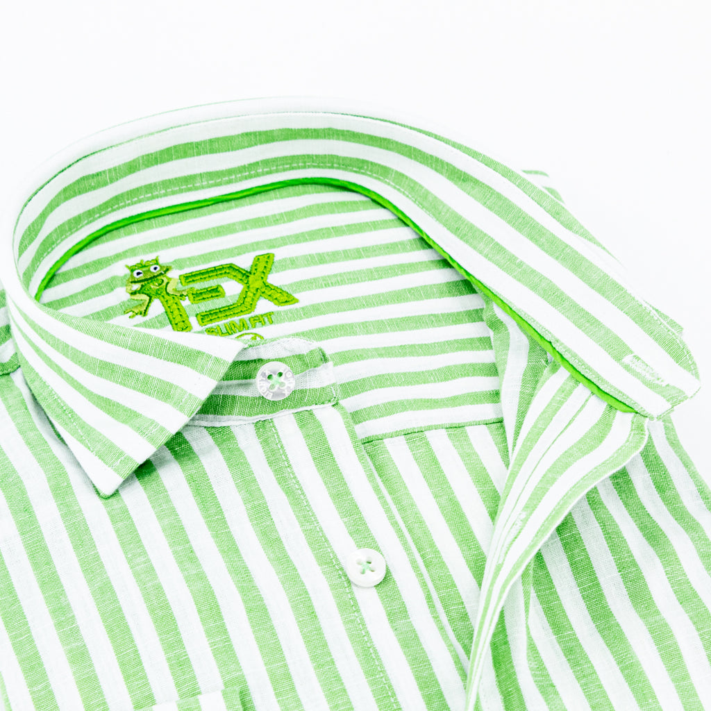 Stanford Stripe FROG Linen Shirt - Green Long Sleeve Button Down EightX   