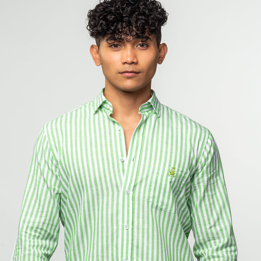 Stanford Stripe FROG Linen Shirt - Green Long Sleeve Button Down EightX   
