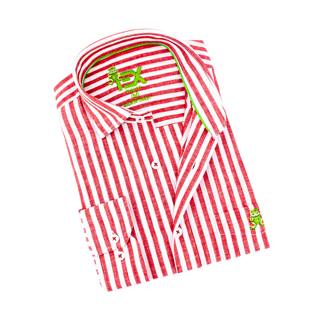 Stanford Stripe FROG Linen Shirt - Red Long Sleeve Button Down EightX   