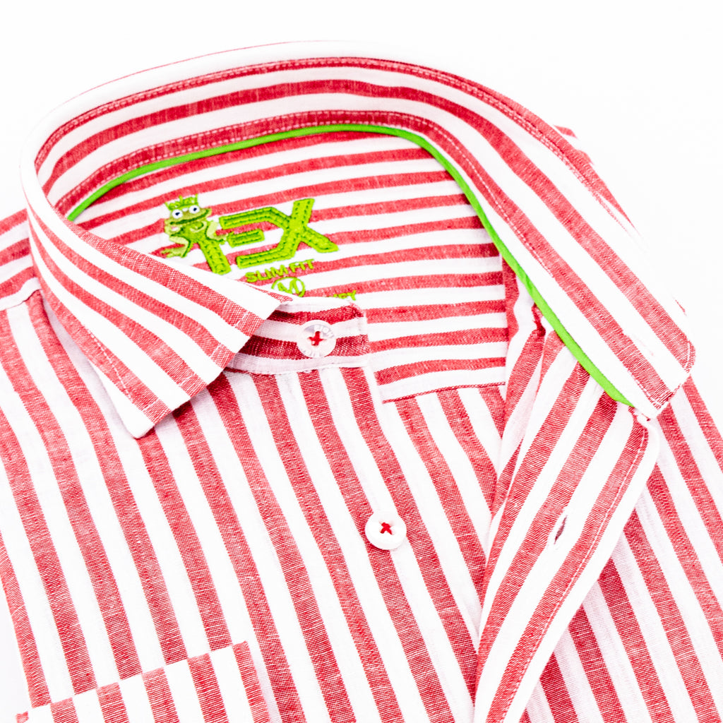 Stanford Stripe FROG Linen Shirt - Red Long Sleeve Button Down EightX   