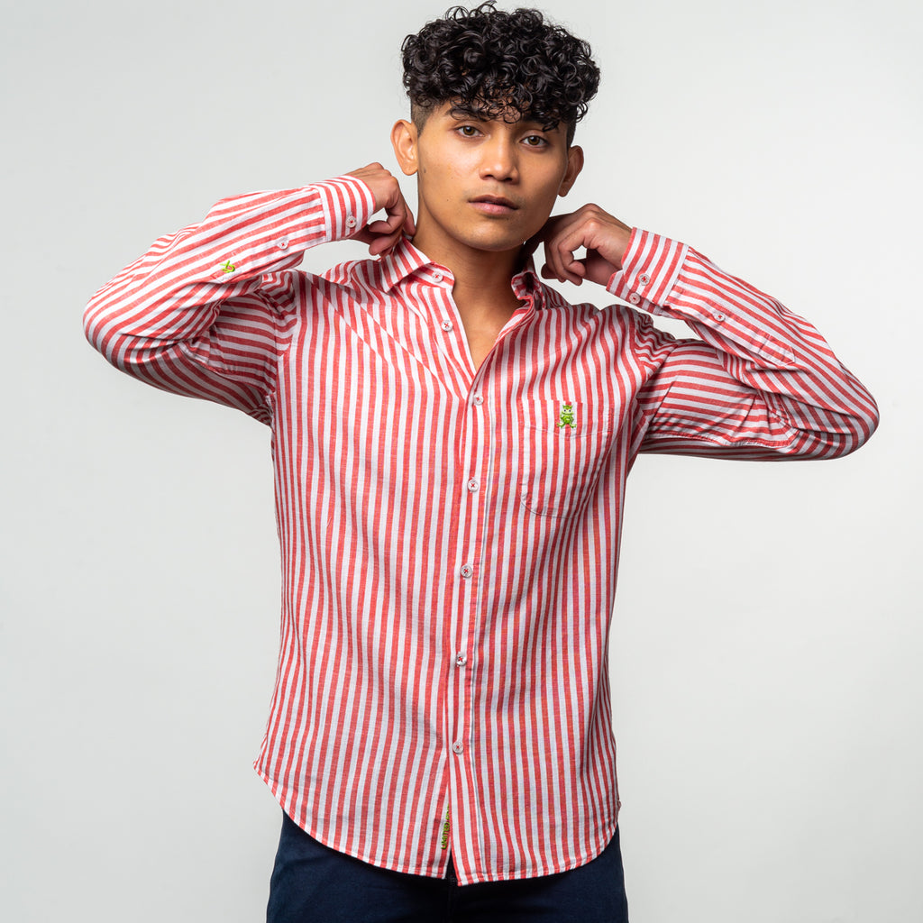 Stanford Stripe FROG Linen Shirt - Red Long Sleeve Button Down EightX   