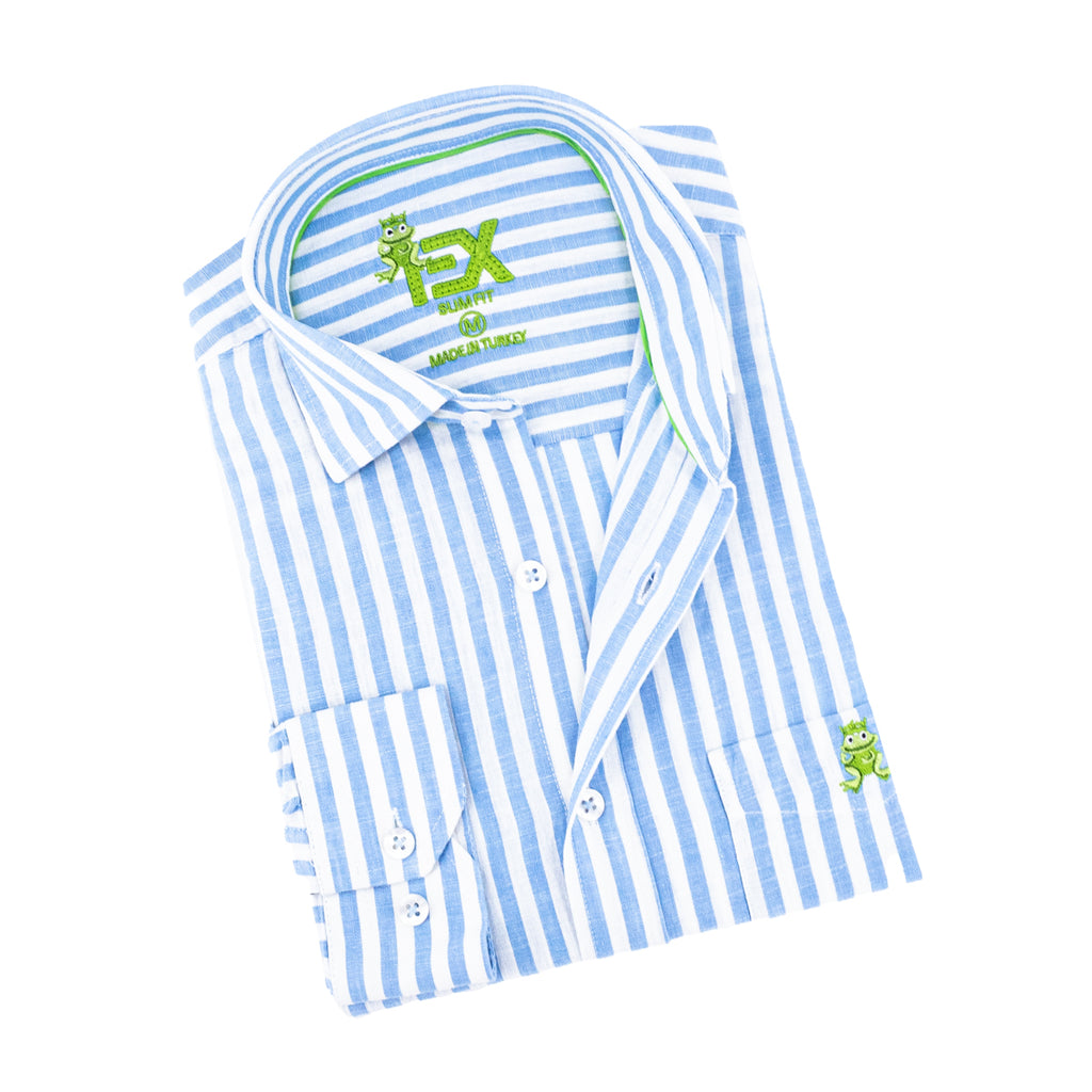 Stanford Stripe FROG Linen Shirt - Blue Long Sleeve Button Down EightX   