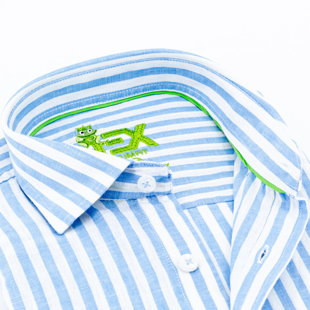 Stanford Stripe FROG Linen Shirt - Blue Long Sleeve Button Down EightX   