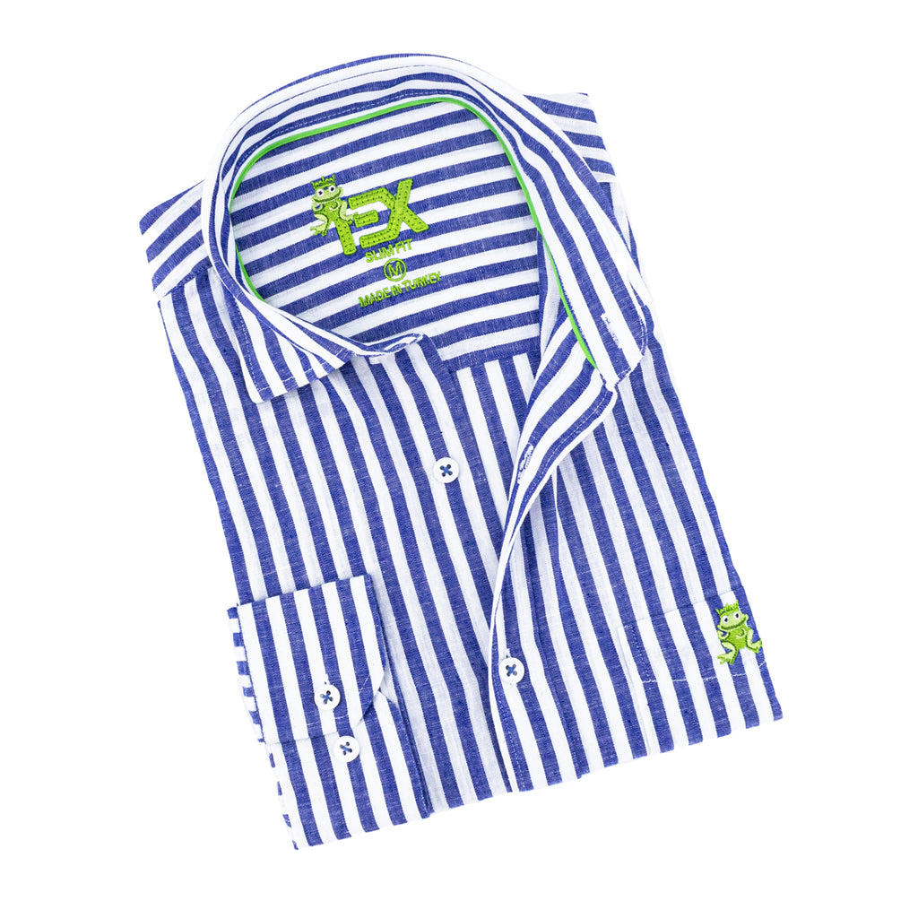 Stanford Stripe FROG Linen Shirt - Navy Long Sleeve Button Down EightX   