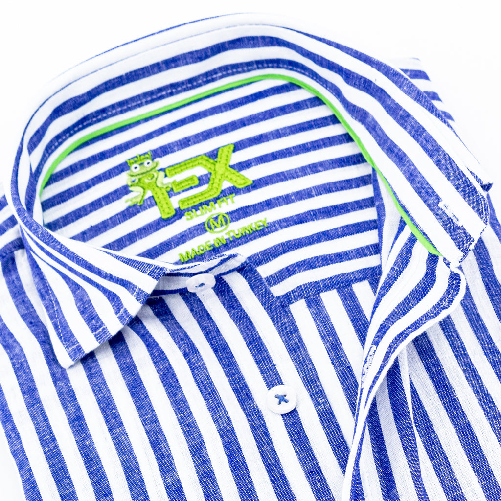 Stanford Stripe FROG Linen Shirt - Navy Long Sleeve Button Down EightX   