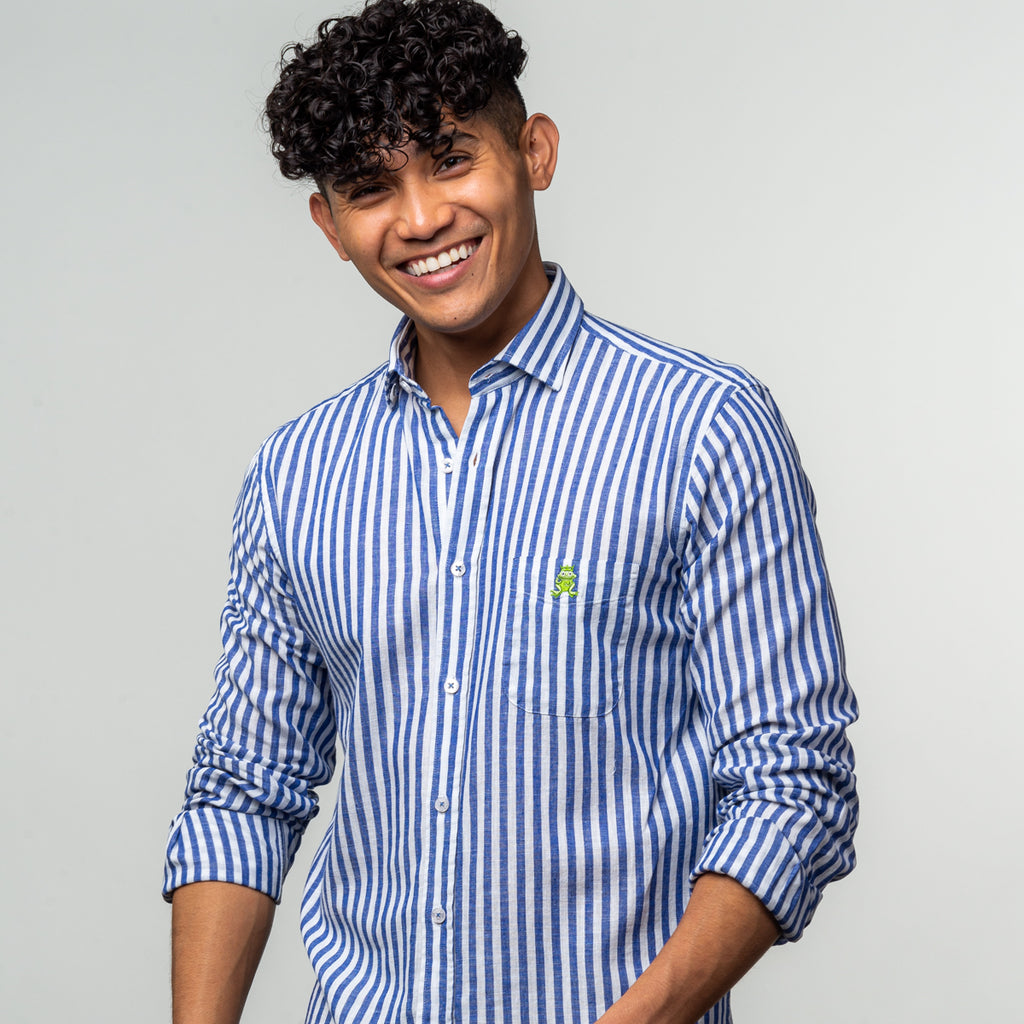 Stanford Stripe FROG Linen Shirt - Navy Long Sleeve Button Down EightX   