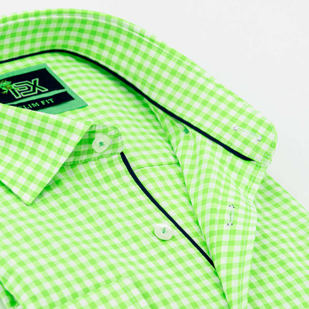 Detail of gingham button up collar, green trim, and white buttons.