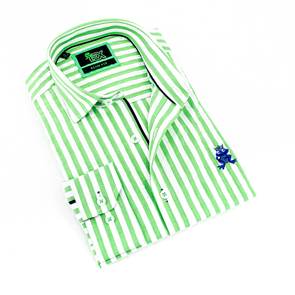 Folded striped, light-green seersucker button up with navy trim; royal blue, embroidered frog; and barrel cuffs.