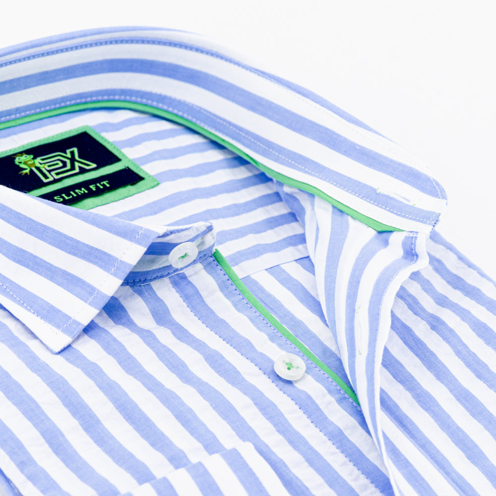 Detail of light-blue striped seersucker’s collar and green trim.