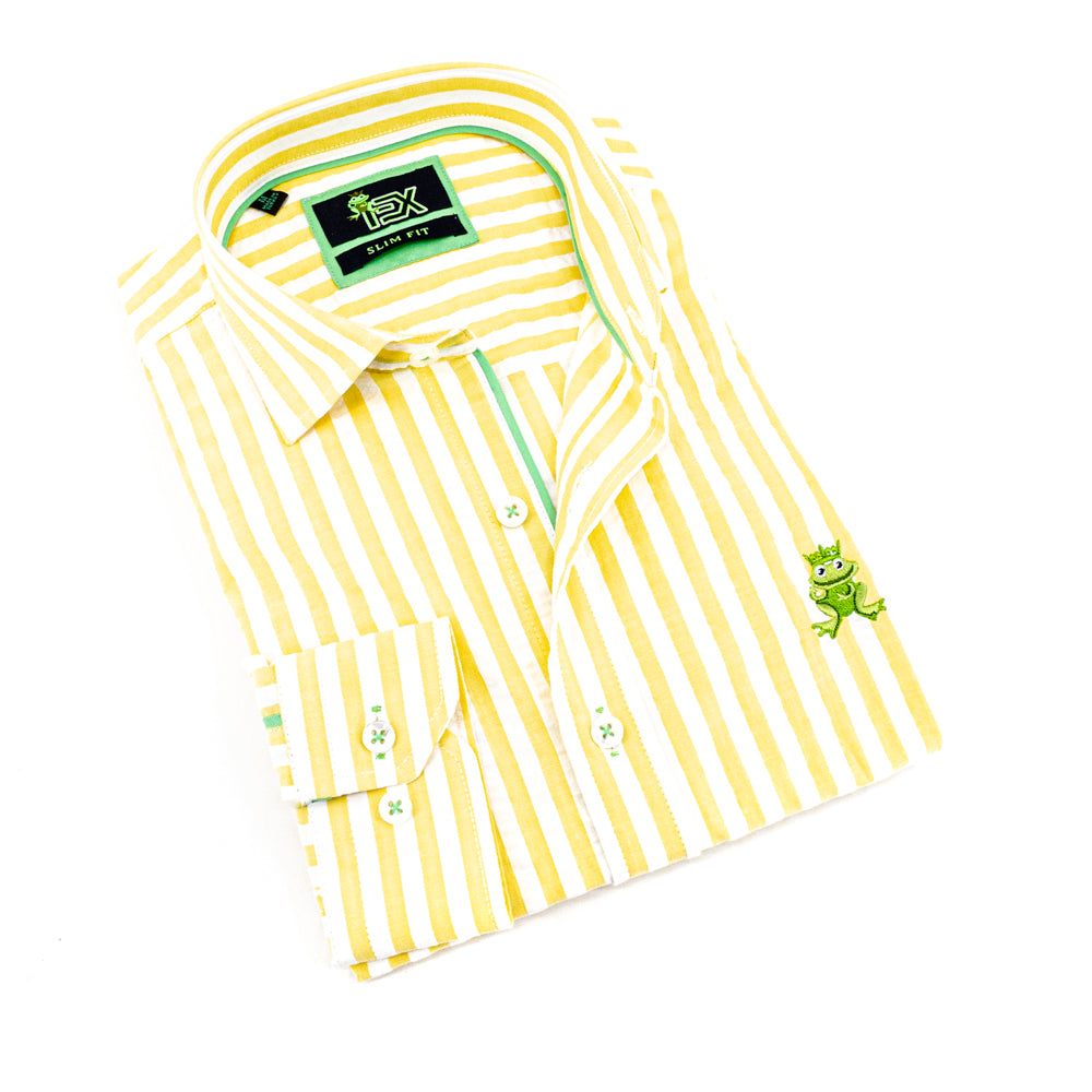  Folded light-yellow seersucker button up with green trim; green, embroidered frog; and barrel cuffs.