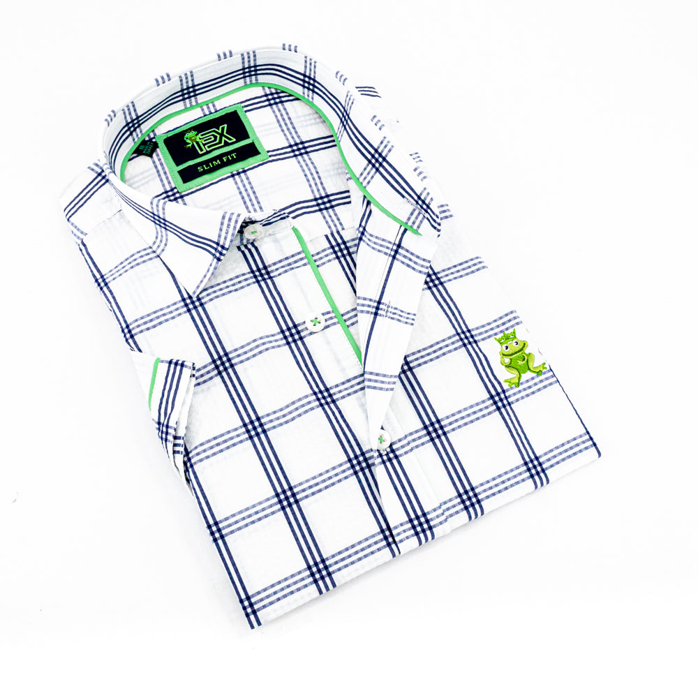 Folded short-sleeve, white plaid seersucker button up with green trim; green, embroidered frog; and white buttons.