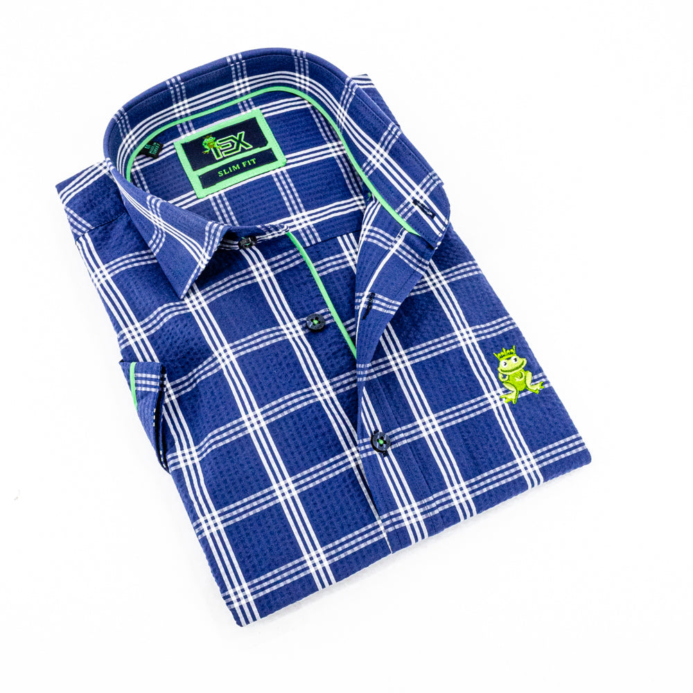 Folded short-sleeve, navy-blue plaid seersucker button up with green trim; green, embroidered frog; and navy-blue buttons.