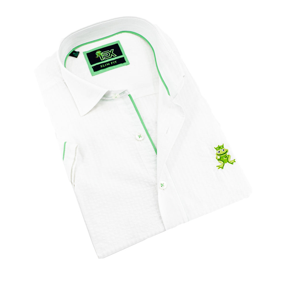 Folded short-sleeve, white seersucker button up with green trim; green, embroidered frog; and white buttons.