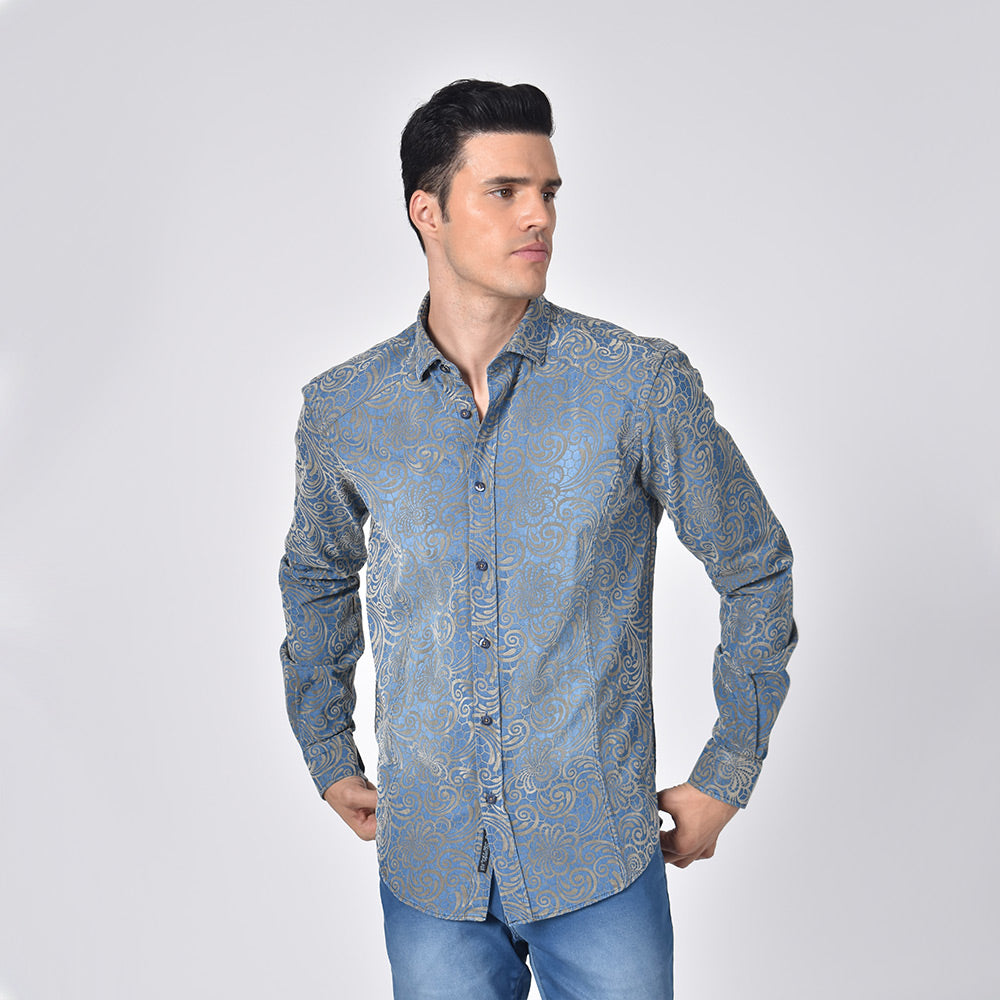 Demin Shirt W/ Gold Venice Lace Button Down Flocking Long Sleeve Button Down Eight-X   