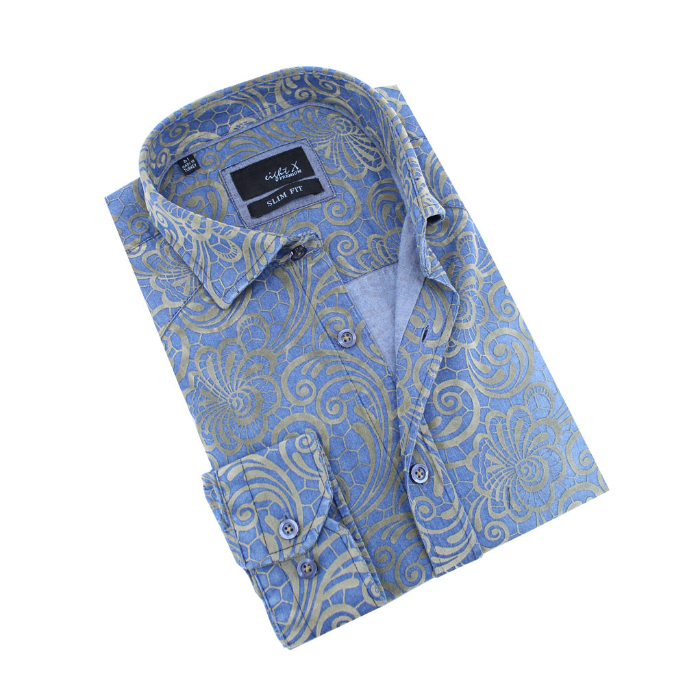 Demin Shirt W/ Gold Venice Lace Button Down Flocking Long Sleeve Button Down Eight-X BLUE S 