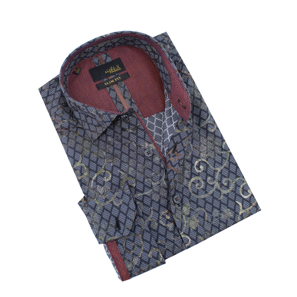 Grid and Vine Print Foil Jacquard Shirt With Burgundy Trim Long Sleeve Button Down Eight-X BLACK S 
