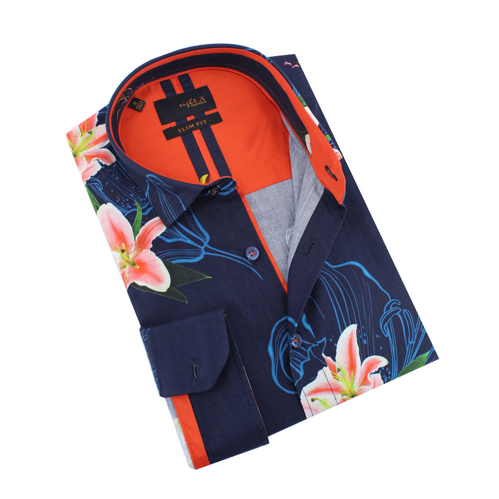 Men's slim fit navy button up collar lily print dress shirt with orange trim