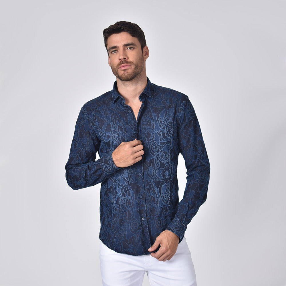 Denim Tapestry Design Stretch Jacquard Shirt Long Sleeve Button Down Eight-X   