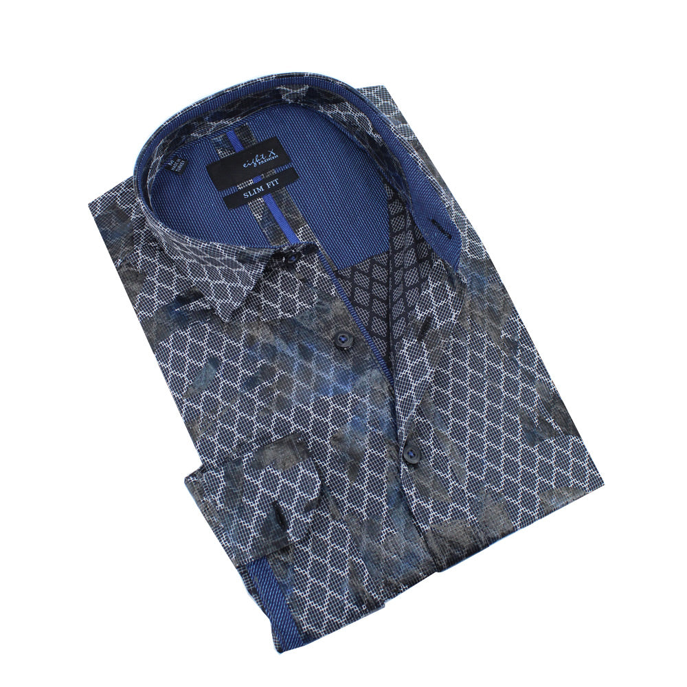 Snake Print Foil Jacquard Button Down Shirt With Navy Trim Long Sleeve Button Down Eight-X BLACK S 