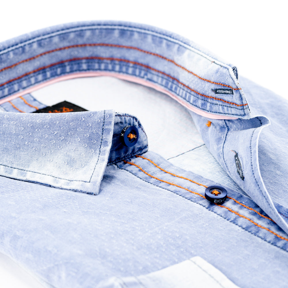 Pattern Light Stone Wash Denim Jacquard Button Down Shirt Long Sleeve Button Down EightX   
