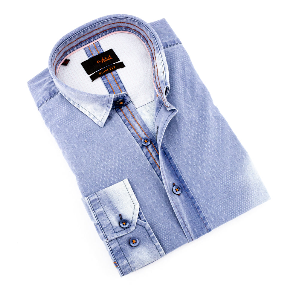 Pattern Light Stone Wash Denim Jacquard Button Down Shirt Long Sleeve Button Down EightX   
