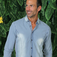 Pattern Light Stone Wash Denim Jacquard Button Down Shirt Long Sleeve Button Down EightX   