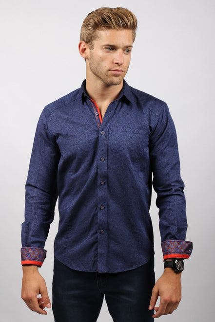 Navy Paisley Jacquard Button Down Shirt Long Sleeve Button Down EightX   