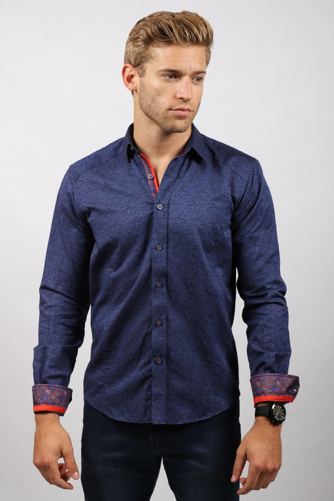 Navy Paisley Jacquard Button Down Shirt Long Sleeve Button Down EightX   