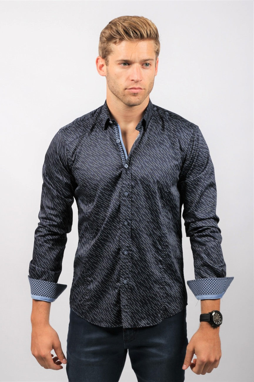 Navy Digital Pattern Button Down Shirt Long Sleeve Button Down EightX   
