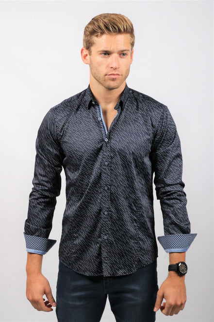 Navy Digital Pattern Button Down Shirt Long Sleeve Button Down EightX   