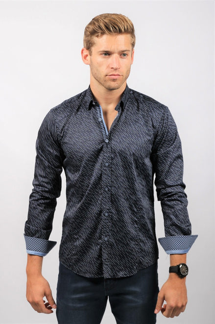 Navy Digital Pattern Button Down Shirt Long Sleeve Button Down EightX   