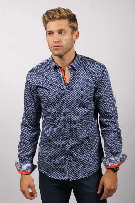 Navy Pattern Print Button Down Shirt Long Sleeve Button Down EightX   