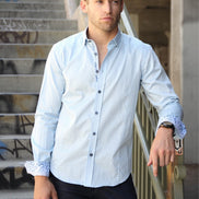 Sky Blue Polka Dots Button Down Shirt W/Trim Long Sleeve Button Down EightX   