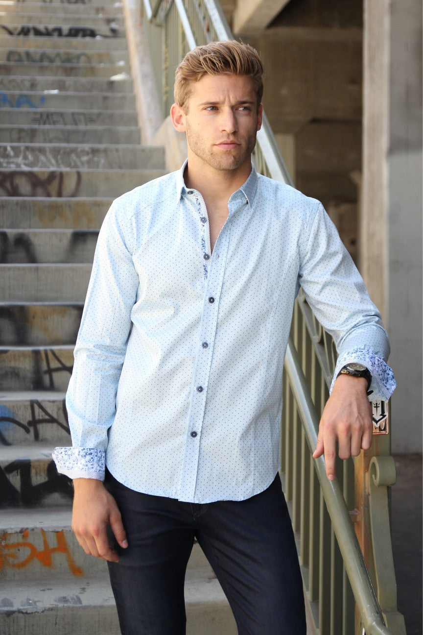 Sky Blue Polka Dots Button Down Shirt W/Trim Long Sleeve Button Down EightX   