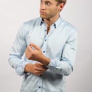 Sky Blue Polka Dots Button Down Shirt W/Trim Long Sleeve Button Down EightX   